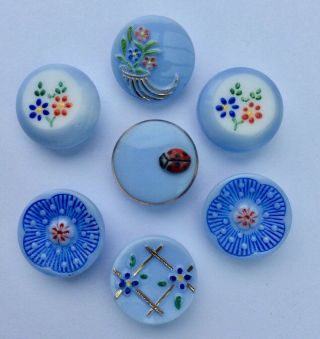 7 X 18mm Vintage Blue Enamelled Glass Buttons,  Floral,  Ladybird