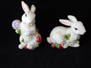 Springtime White Bunny Rabbit Strawberry Patch Ceramic Salt & Pepper Set
