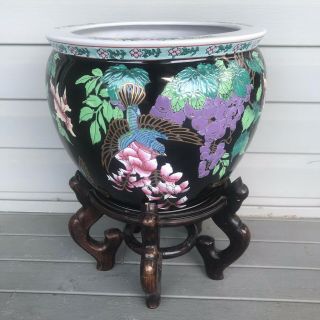 Vintage Chinese Oriental Asian Koi Fish Bowl Planter Vase 12 X 10 With Wood Base
