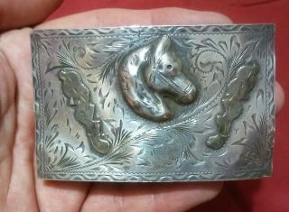 Vintage Engraved Horse Belt Buckle Mexican Sterling,  10k Gold W Ruby Eye