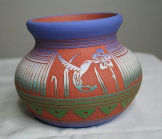 Native American Pottery Hummingbird Vase Pot Signed Johnson Navajo Hand Crafted 2