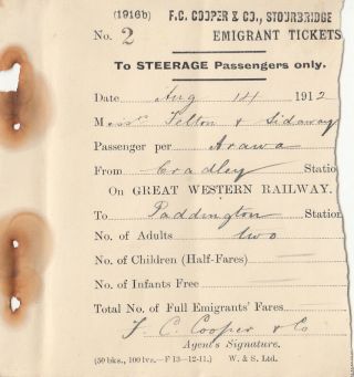 Train Emigrant Ticket 1912 Felton & Sidaway Great Western Railway Co Stourbridge