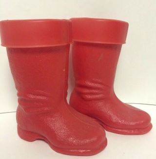 2 Vintage Christmas Lg 50’s Red Plastic Santa Boots Candy Cane Planters 8 1/2” H