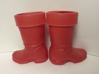 2 Vintage Christmas Lg 50’s Red Plastic Santa Boots Candy Cane Planters 8 1/2” H 3