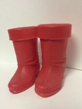 2 Vintage Christmas Lg 50’s Red Plastic Santa Boots Candy Cane Planters 8 1/2” H 4