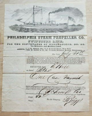 Philadelphia Steam Propeller Co.  Bill Of Lading 1857 Swiftsure Line Ship Graphic