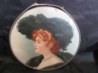 Antique Large Flue Cover Of Victorian Woman Wearing A Hat & Pearls (9.  5 ")