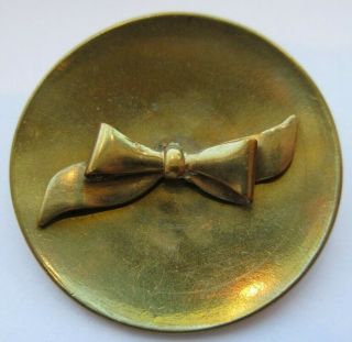 Outstanding X Large Antique Vtg Brass Metal Button W/ Ribbon Bow 1 - 5/8 " (d)