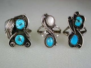 3 Old 1970s Navajo Sterling Silver & Blue Turquoise Rings Sz 6.  5