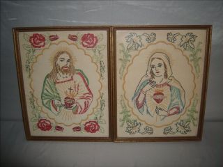 Vintage Framed Jesus Christ And Virgin Mary Catholic Religious Neddlepoint