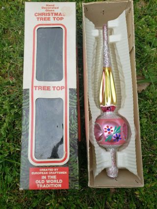 Vtg Pink 10 " European Glass Hand Crafted Christmas Tree Topper/ Romania Box