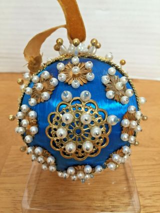 Vintage Christmas Ornaments Blue Sequin Bead Pin Handmade With Defected