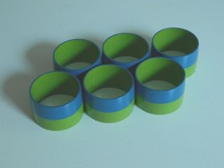 Set Of 6 Mid Century Modern Green & Blue Striped Plastic Napkin Rings
