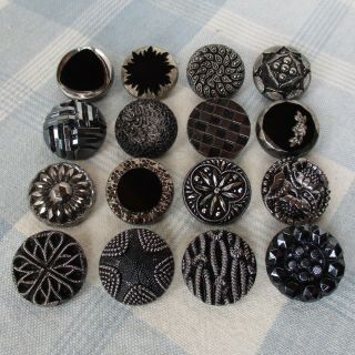 Assortment Of 16 Vintage Black Glass Buttons W Silver Luster
