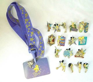 Walt Disney Tinker Bell Lanyard With Charm And 17 Tinker Bell Pins 2002 - 2007