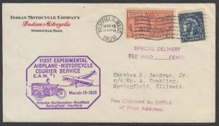1928,  1st Airplane - Motorcycle Courier Service Cover W/ Indian Motorcycle Ad.  Vf