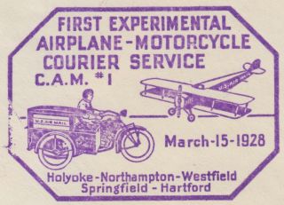 1928,  1st AIRPLANE - MOTORCYCLE COURIER SERVICE COVER W/ INDIAN MOTORCYCLE AD.  VF 3