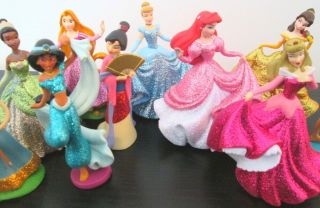 DISNEY PRINCESSS Glitter Figure Play Set PVC TOY ARIEL Belle JASMINE Mulan TIANA 3