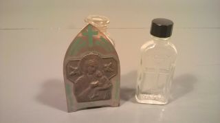 Antique Holy Water Bottles Virgin Mary Metal Holder 3 " Tall
