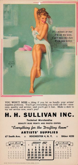 Earl Moran 1952 Pinup Calendar.  Girl On Bathtub Primping Vintage Litho B&b