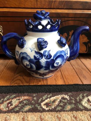Vintage Royal Blue And White Russian Fine Porcelain Gzhel Tea Pot From Russia