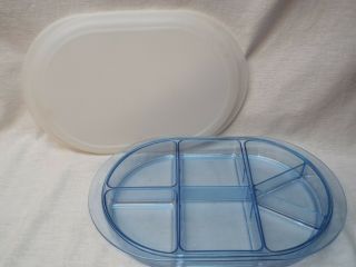 Vtg Tupperware Preludio Oval Watercolor Blue Acrylic Divided Serving Tray W/lid