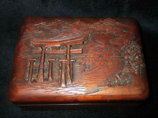 Vintage Japanese Carved Scene Wood Box 6 1/2 " L X 2 1/2 " H X 4 1/2 " D