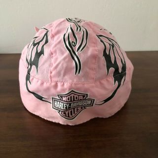 Womens Harley Davidson Pink Skull Cap Black Head Wrap Bandana Du Rag Flames