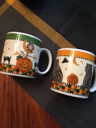 Debbie Mumm Halloween Fall Mugs - Set Of 2 - Plaid Cat,  Owl,  Pumpkin