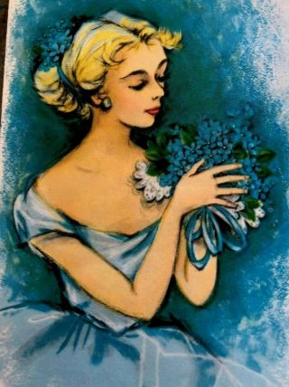 Pretty Lady Girl Aqua Blue Dress Nosegay Flower Parchment Foil Birthday Vtg Card
