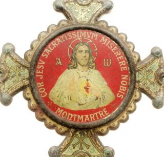 Antique Home Protection Cross Plaque Medal Reliquary Of Sacred Heart Of Jesus