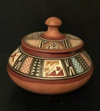 Vintage Cusco Peru Hand Painted Pottery Pot With Lid
