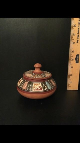VINTAGE CUSCO PERU HAND PAINTED POTTERY POT WITH LID 3