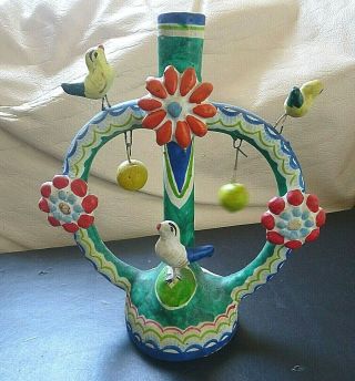 Vintage Mexico Tree Of Life Candleholder Birds Folk Art