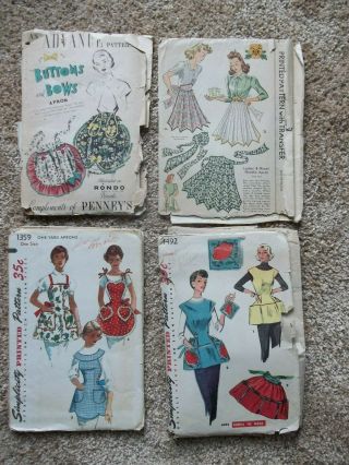 4 Vintage Simplicity Apron Sewing Patterns Cobbler Style,  Half All Complete