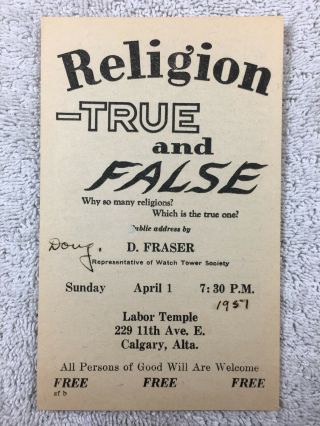 1951 Jehovahs Witnesses Watchtower Handbill Public Talk Invitation Canada