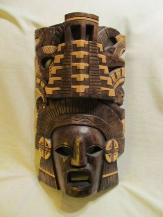 Wooden Carved Mayan Mask From Chichen Itza Yucatan Large 13 " Tall