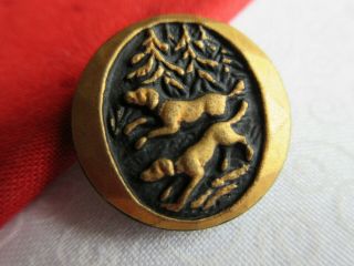 6553 –two Hunting Dogs In The Forest Czech Gold Lustered Black Glass Button 7/8 "