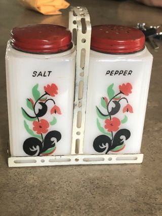 Vintage Tipp City Red Flowers Tall Salt N Pepper Range Shaker Milk Glass