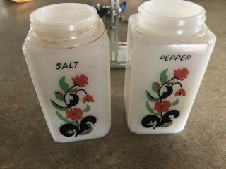 Vintage TIPP CITY Red Flowers Tall Salt n Pepper Range Shaker Milk Glass 4
