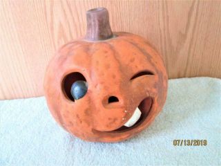 Vintage Orange Ceramic Halloween Winking Pumpkin With Buck Tooth Light Up