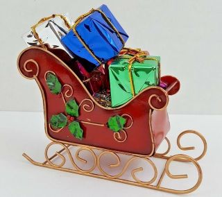 Red & Green Holly Metal Sleigh W/presents - 7 " X 6 " X 3 "