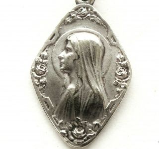 Holy Mary Of Lourdes - Antique Roses Flowers Art Nouveau Religious Medal Pendant