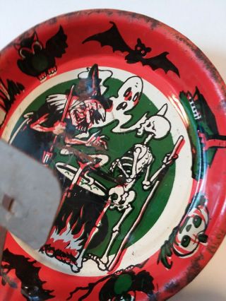 Vintage Halloween Tin Litho Noisemaker Us Metal Toy Mfg Witch Ghost Skeleton
