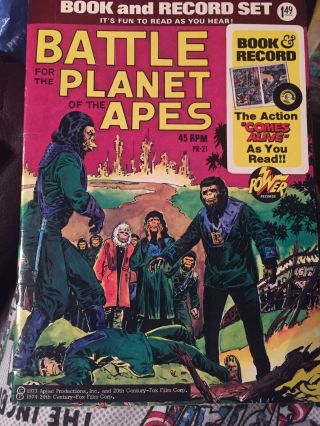 Vintage " Battle For The Planet Of The Apes " Book And Record Set,  1973