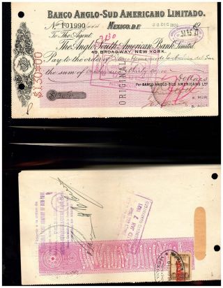 1095 Revenue Old Bank Check Banco Anglo - Sud Americano Limitado In Mexico 1920