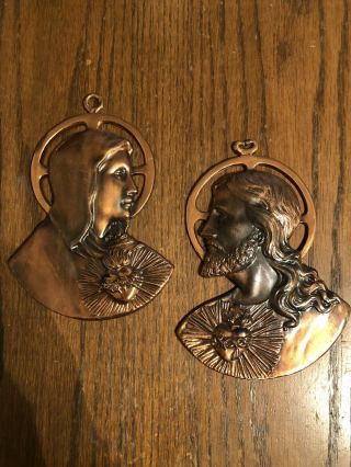 Antique Solid Copper Wall Hangings Of Jesus And Mary