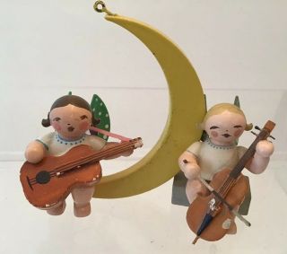 2 Vintage German Wood Christmas Musical Angels W/moon Wuk Label Erzgebirge