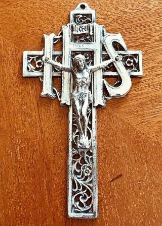 Vintage Silver Tone Crucifix Ihs Ornate 5 1/2 " Pectoral Or Hang On Wall