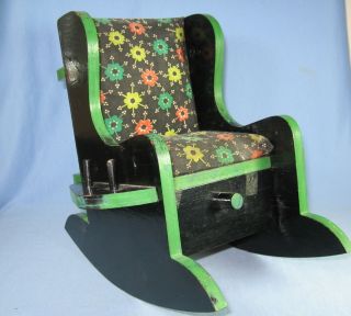 Vintage Wooden Rocking Chair Pin Cushion Sewing Thread & Button Storage